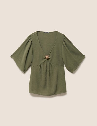 Blouse ample col v manches courtes vert kaki femme