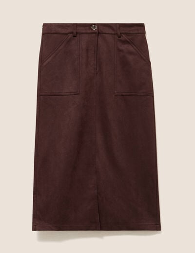 Jupe longue droite su&eacute;dine marron fonc&eacute; femme