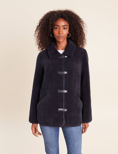 Manteau droit effet mouton bleu fonc&eacute; femme