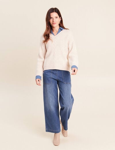 Pull bi-mati&egrave;re col chemise ecru femme
