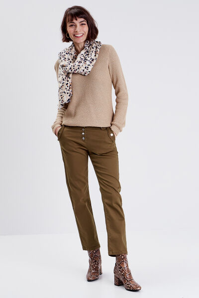 Pantalon droit boutonné vert olive femme