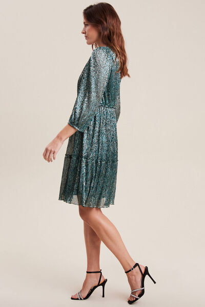 Robe évasée plissée vert foncé femme
