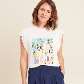 Top col rond manches courtes ecru femme