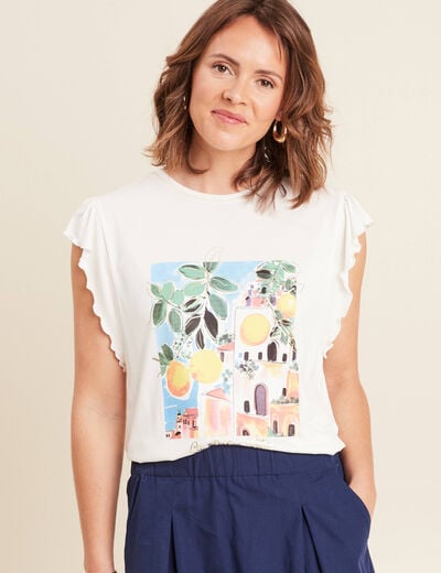 Top col rond manches courtes ecru femme