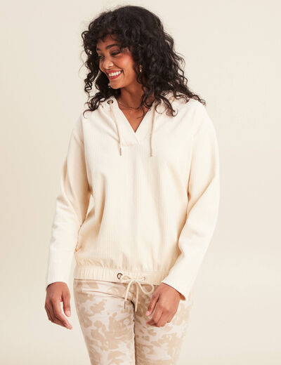 Sweat velours à capuche ivoire femme