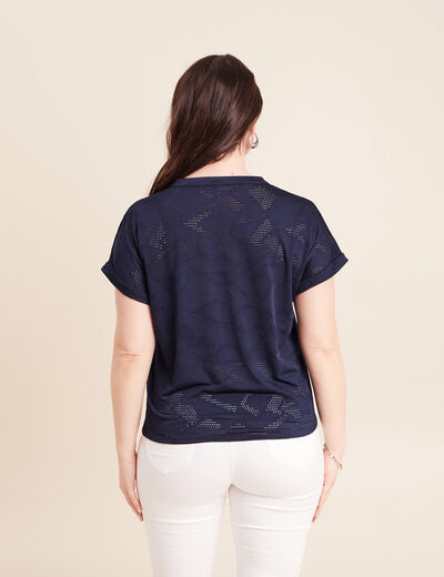 T-shirt col tunisien manches courtes bleu marine femme