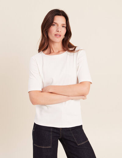 T-shirt ajust&eacute; col rond manches coudes ecru femme