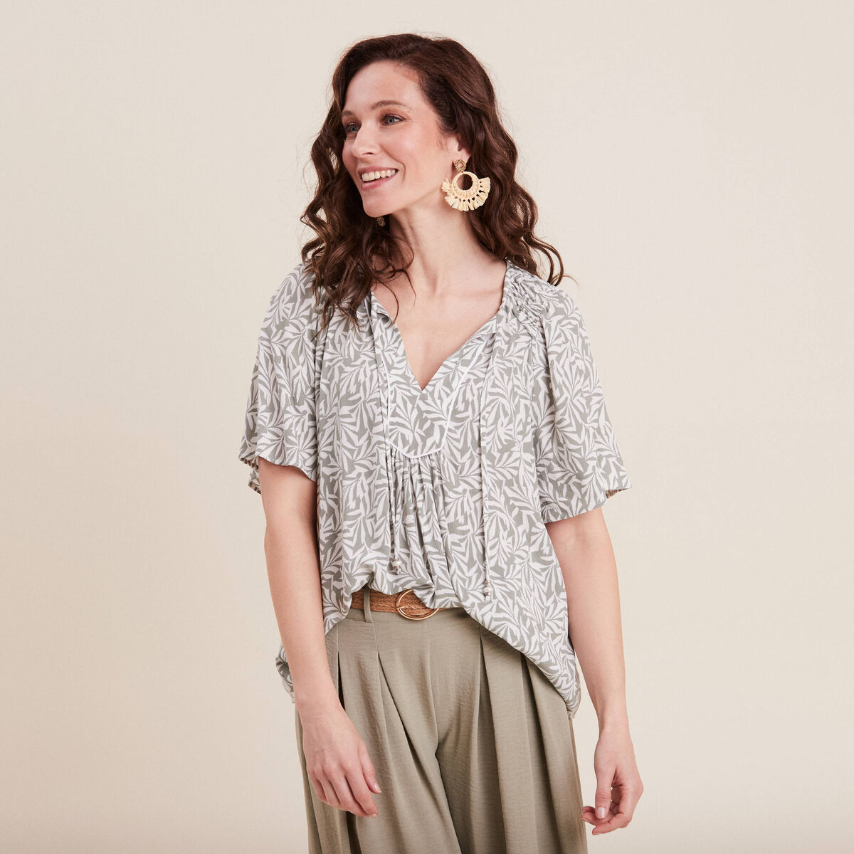 Blouse manches courtes vert kaki femme