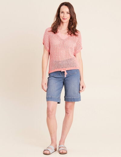 Pull col v manches courtes rouge femme