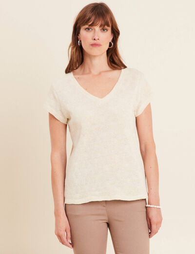 Top droit col en V ecru femme