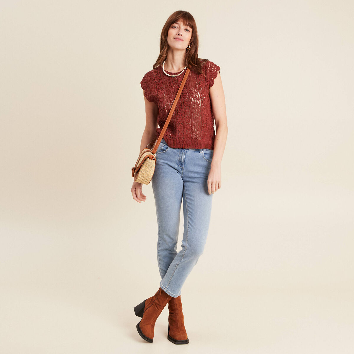 Débardeur macramé marron foncé femme