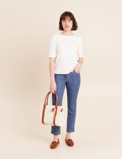 Jean coupe droite 7/8&egrave;me taille bascul&eacute;e bleu femme