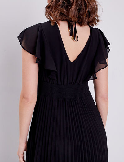 Robe longue évasée à volants noir femme