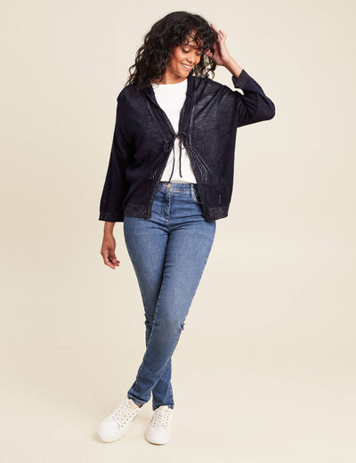 Gilet droit mi-long à capuche bleu marine femme