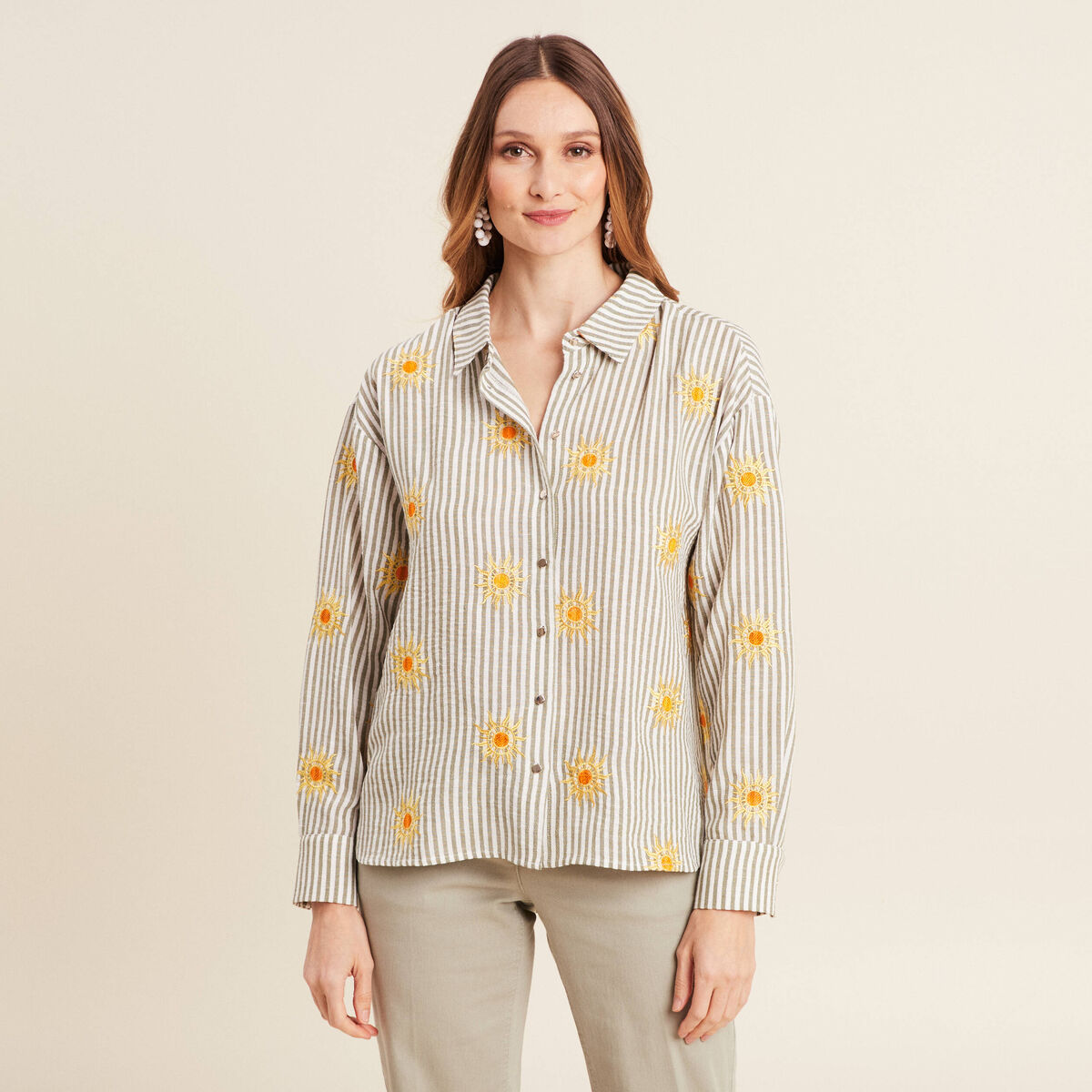 Chemise manches longues brodée jaune femme