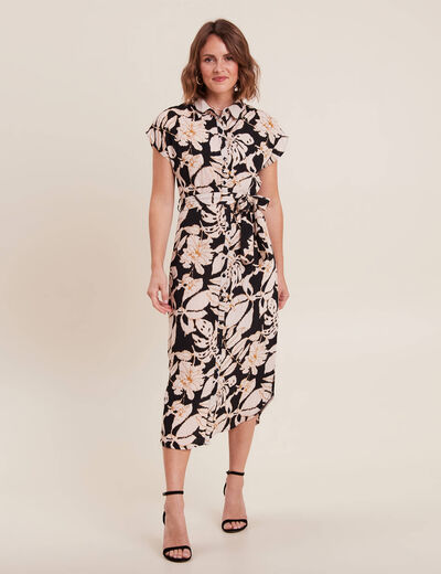 Robe midi droite ceinturée noir femme