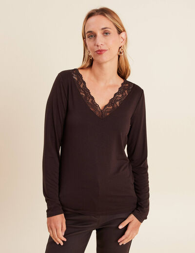 T-shirt thermo-douceur manches longues marron fonc&eacute; femme