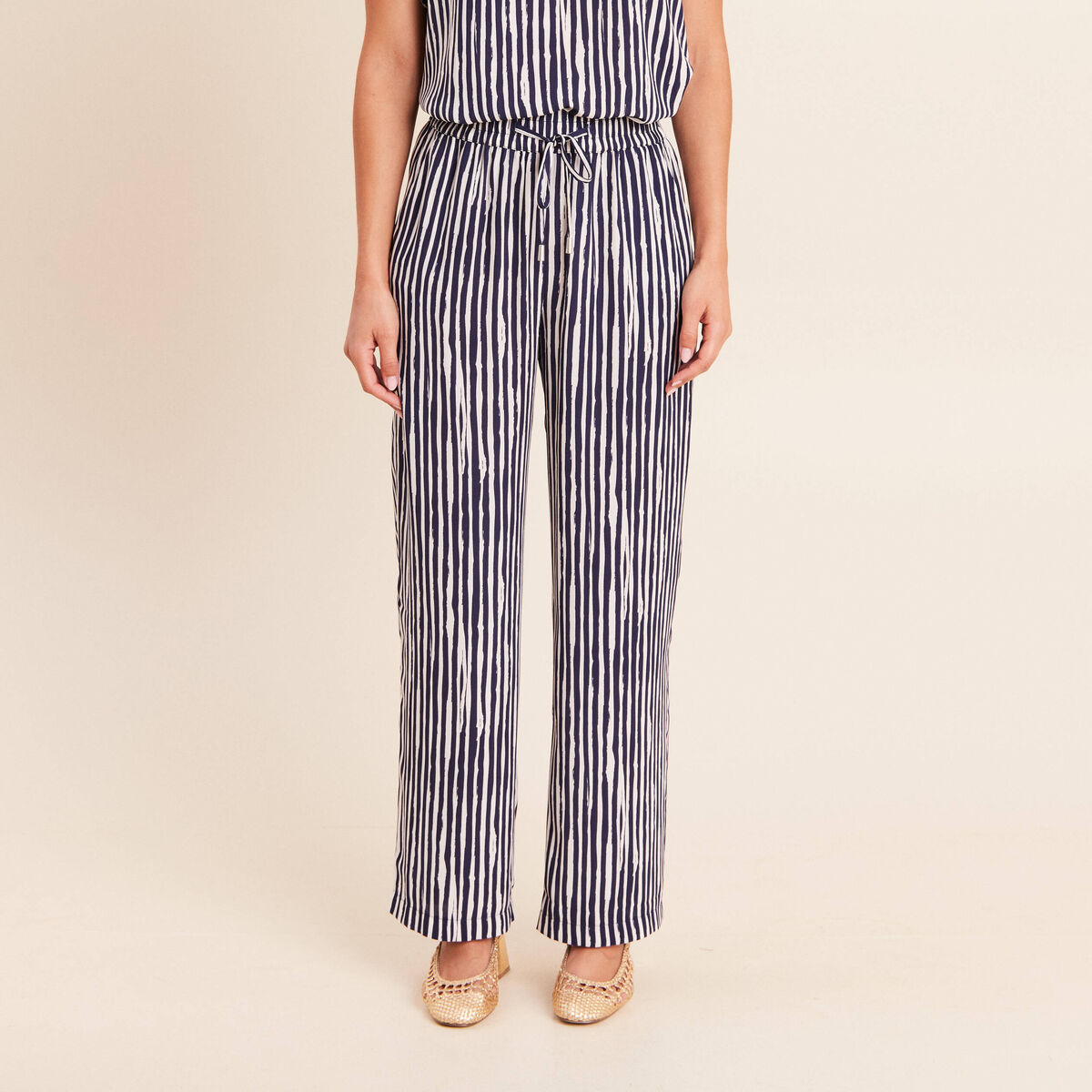 Pantalon large taille haute blanc femme