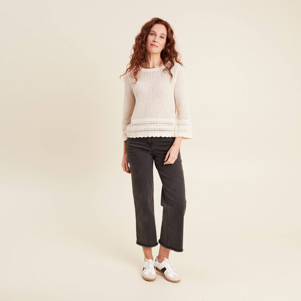 Pull manches 3/4 ajouré ecru femme