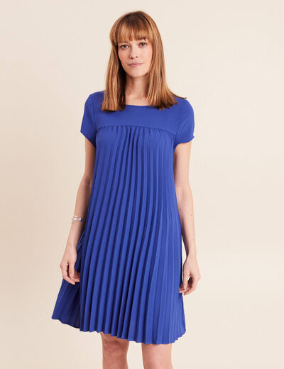 Robe courte &eacute;vas&eacute;e pliss&eacute;e col rond bleu fonc&eacute; femme