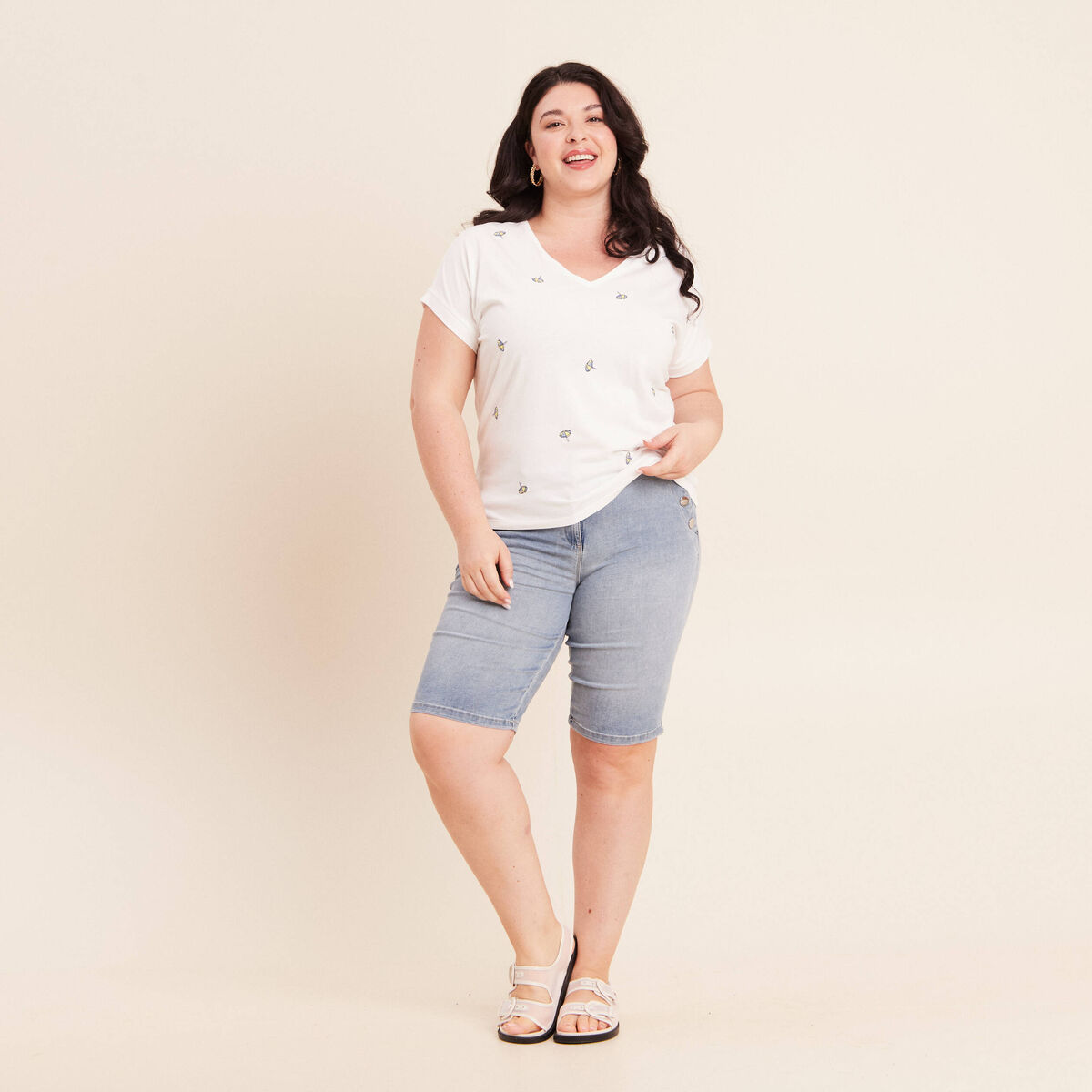 T-shirt col v broderie manches courtes ecru femme