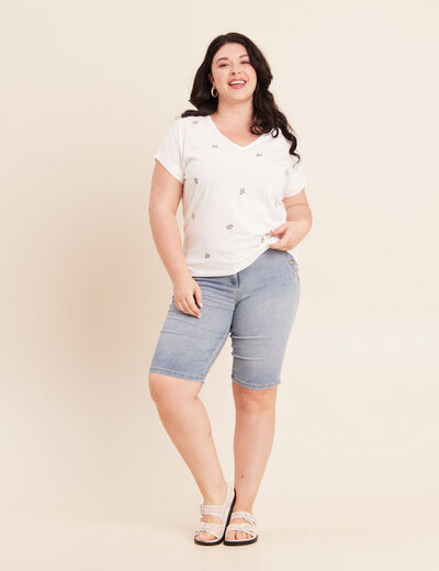 T-shirt col v broderie manches courtes ecru femme