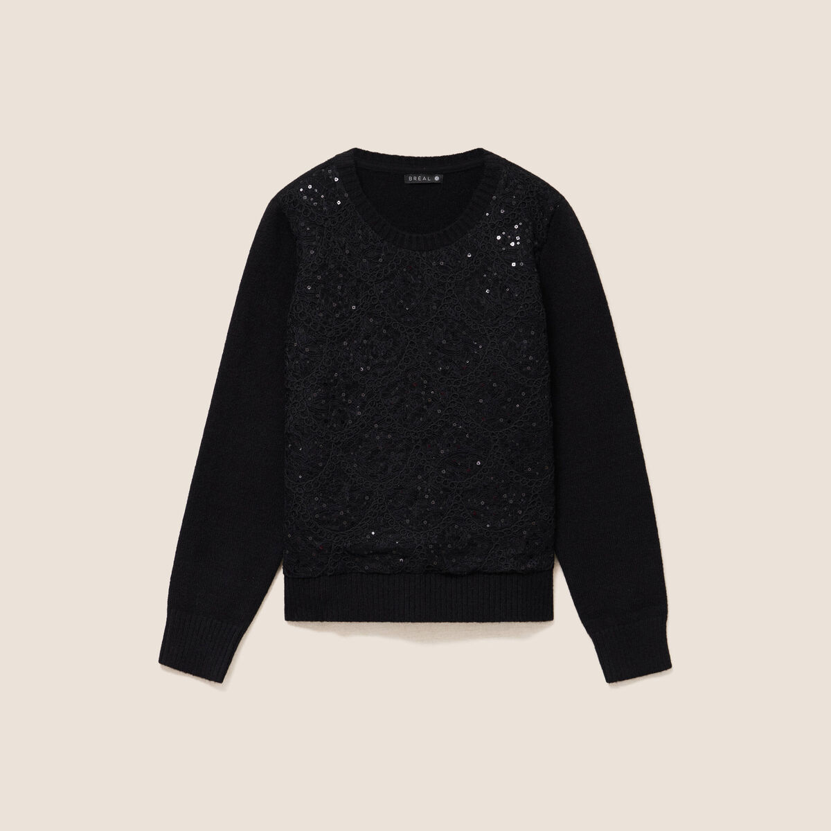 Pull col rond à strass noir femme | Bréal