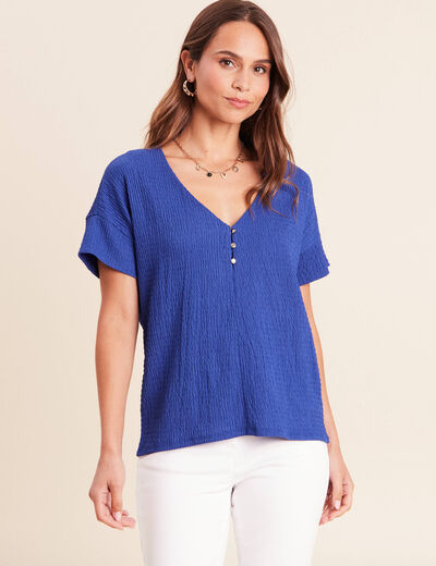 T-shirt col v manches courtes bleu fonc&eacute; femme