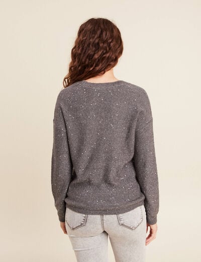 Pull col v manches longues &agrave; sequins gris fonc&eacute; femme