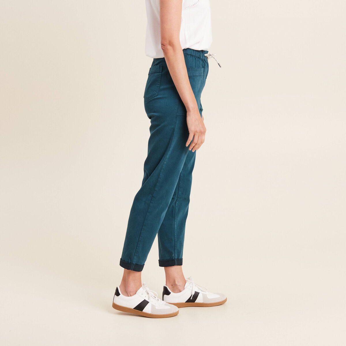 Pantalon coupe droite à coulisse bleu canard femme