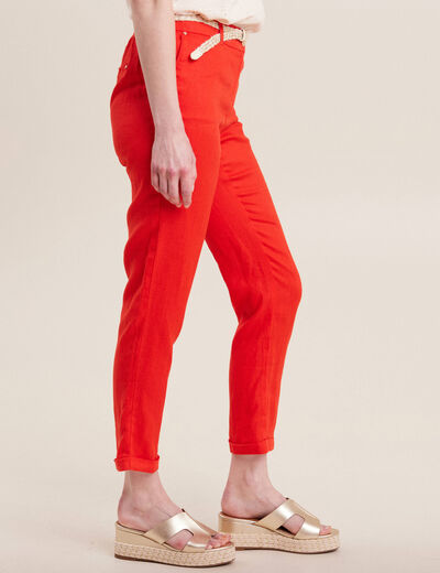 Pantalon coupe chino en lin ceintur&eacute; orange femme