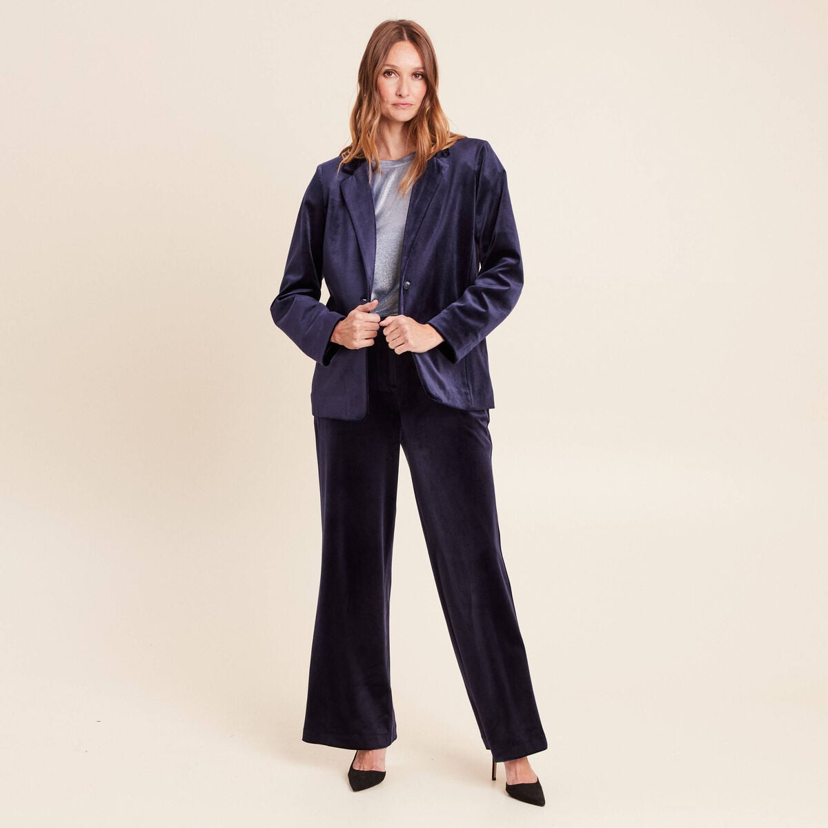 Veste velours manches longues doubl&eacute;e bleu marine femme