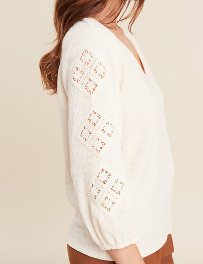 blouse macramé col V manches 3/4 ecru femme