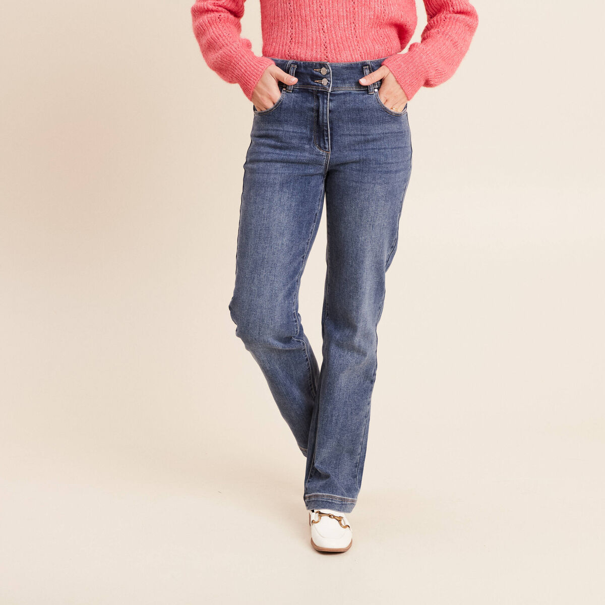 Jean coupe droite taille haute denim stone femme