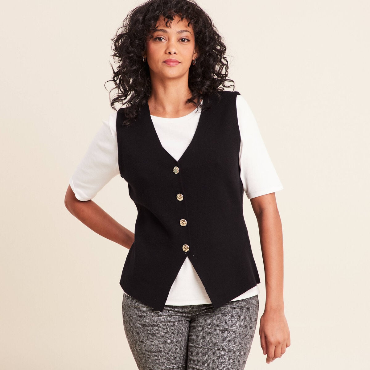 Gilet droit mi-long sans manches noir femme