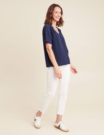 Blouse col V manches courtes bleu marine femme