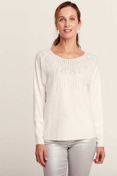 Pull manches longues strass ecru femme