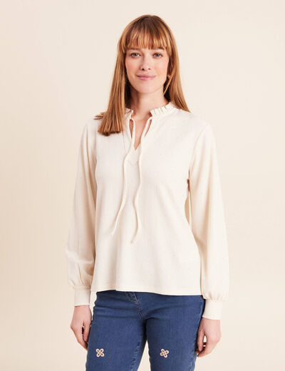 T-shirt col v manches longues ecru femme