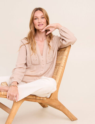 Chemise ample courte avec broderie sable femme