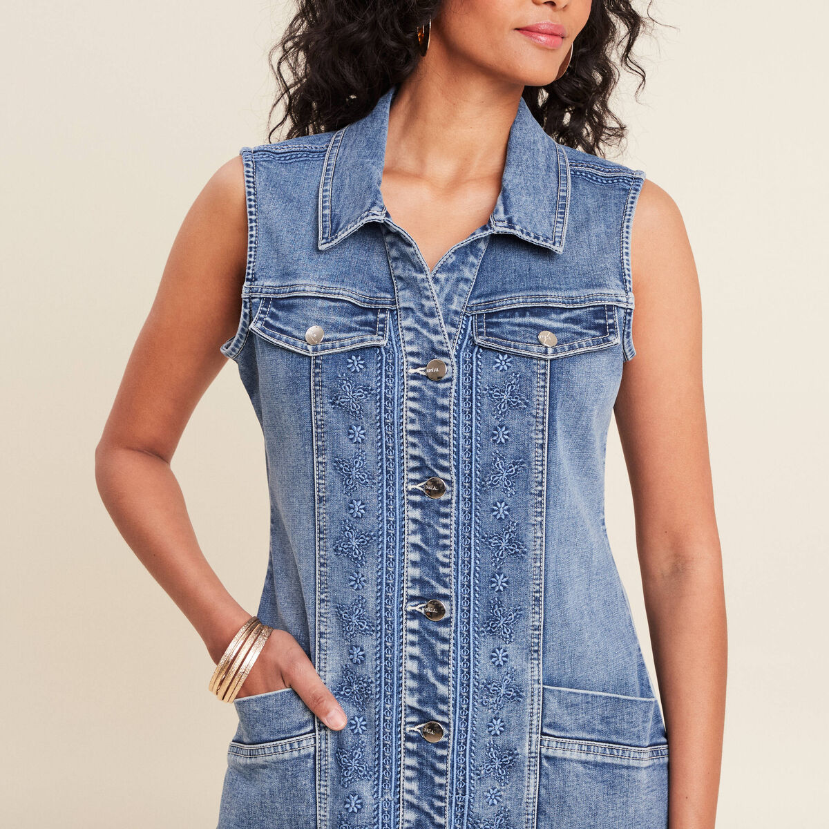 Robe droite brodée en jean denim double stone femme