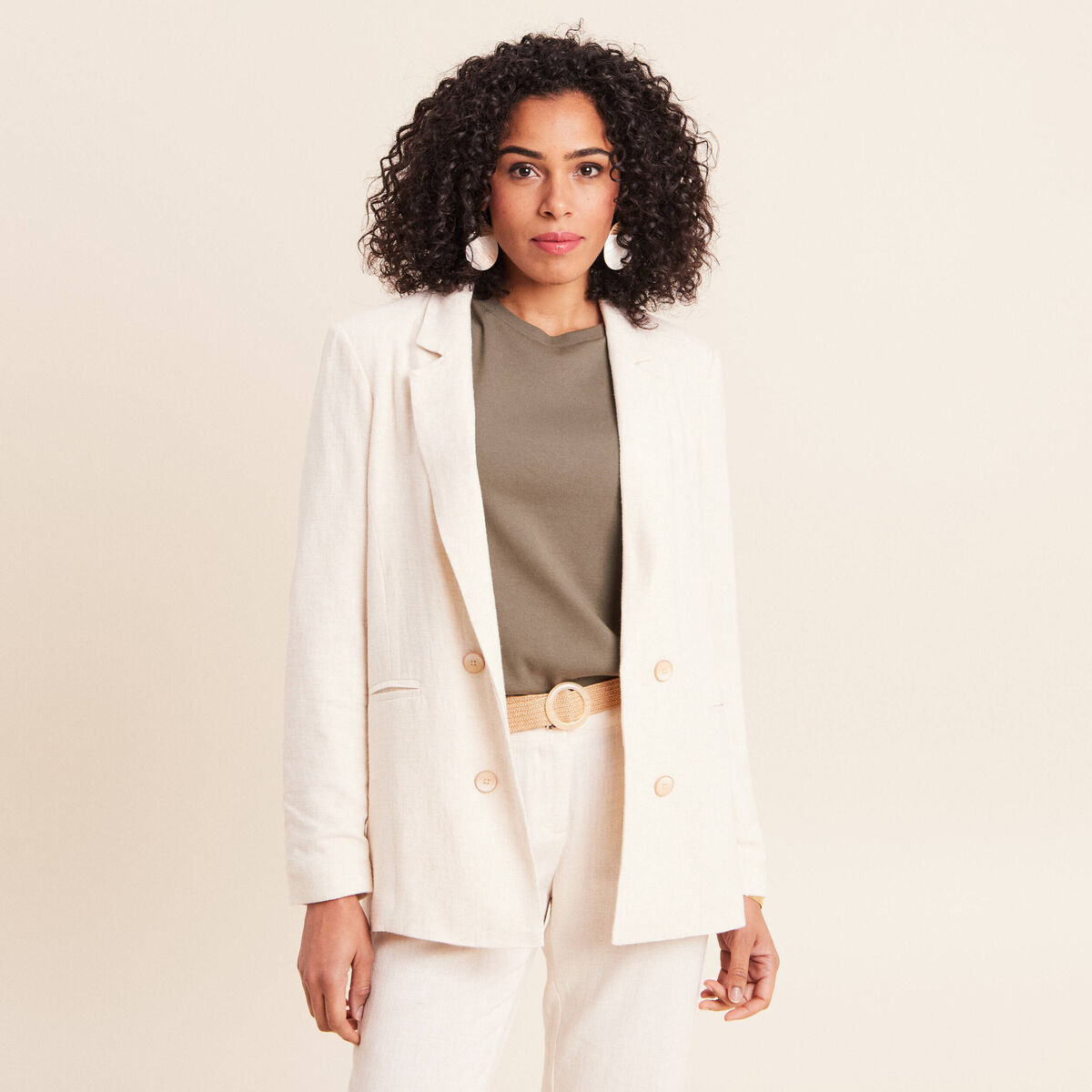 Blazer droit long manches 3/4 doubl&eacute; beige femme