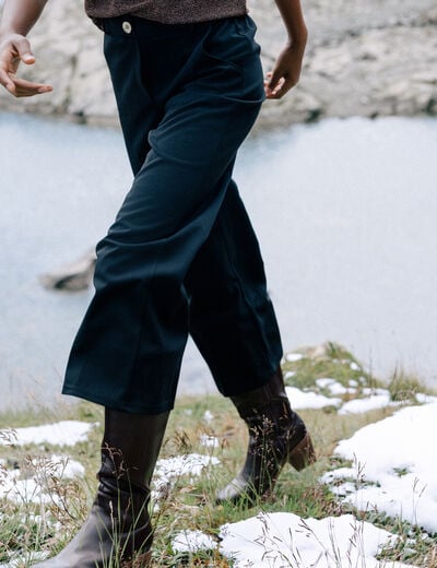 Pantalon coupe large &agrave; pinces bleu fonc&eacute; femme