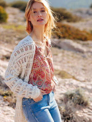 Gilet manches longues ajoure ecru femme