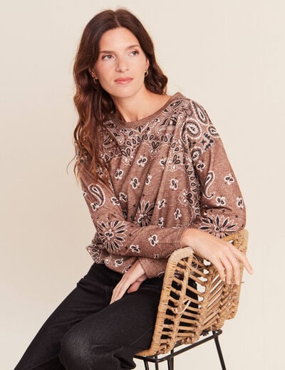 Pull col rond manches longues strass marron femme