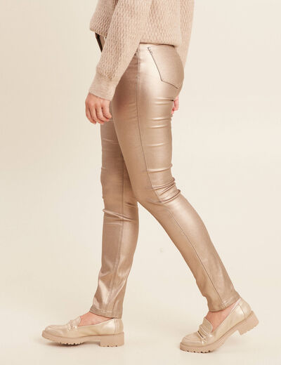 Pantalon ajust&eacute; enduit &agrave; pont taupe femme