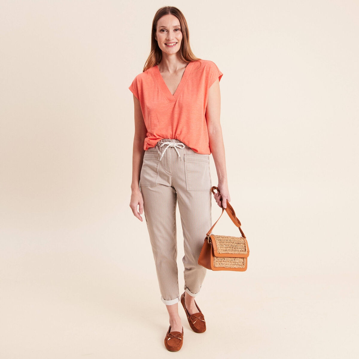 Pantalon coupe mom 7/8&egrave;me marron femme