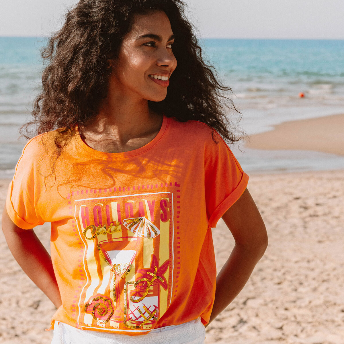 T-shirt col rond manches courtes sequins orange fluo femme