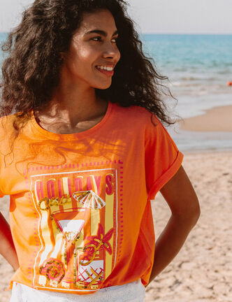 T-shirt col rond manches courtes sequins orange fluo femme