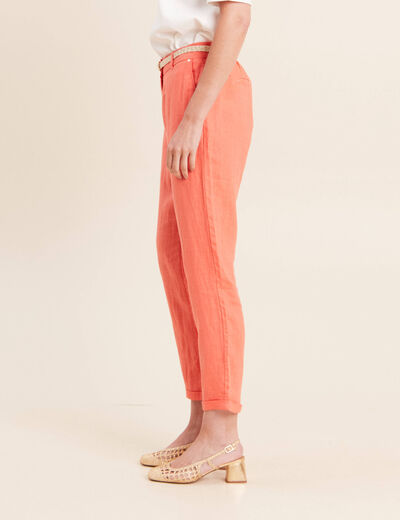Pantalon coupe chino en lin ceintur&eacute; orange fluo femme