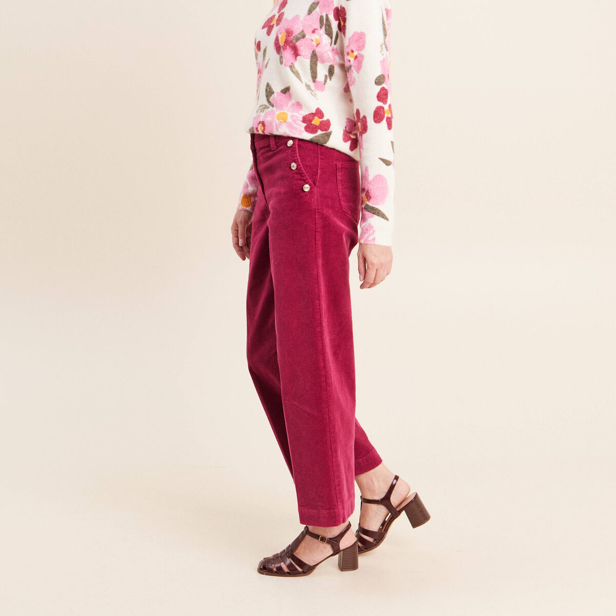 Pantalon large velours c&ocirc;tel&eacute; rouge fonc&eacute; femme